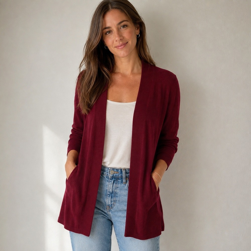 Charter Club Womens Sweater P Burgundy Open Front Cashmere Luxury Dark Academia